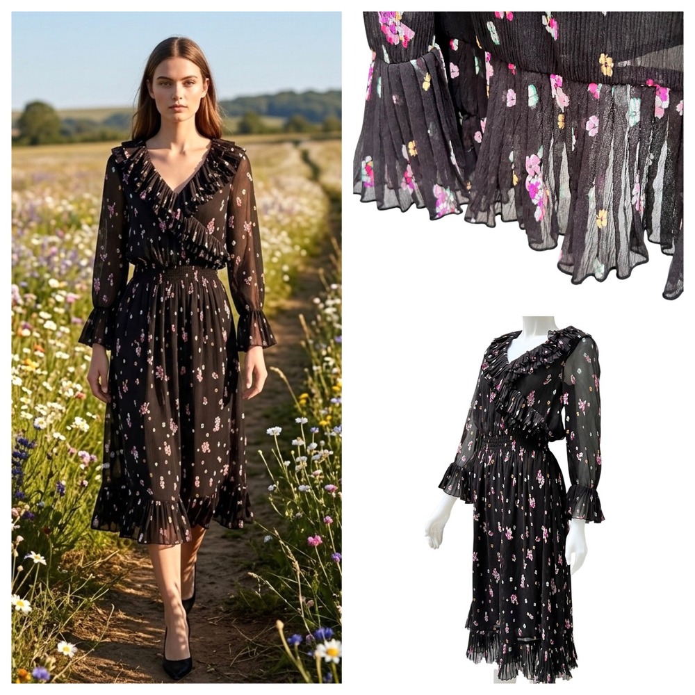& Other Stories Paris Atelier Black Floral Ruffle Midi‎ Dress Smocked Fairy Sz 6